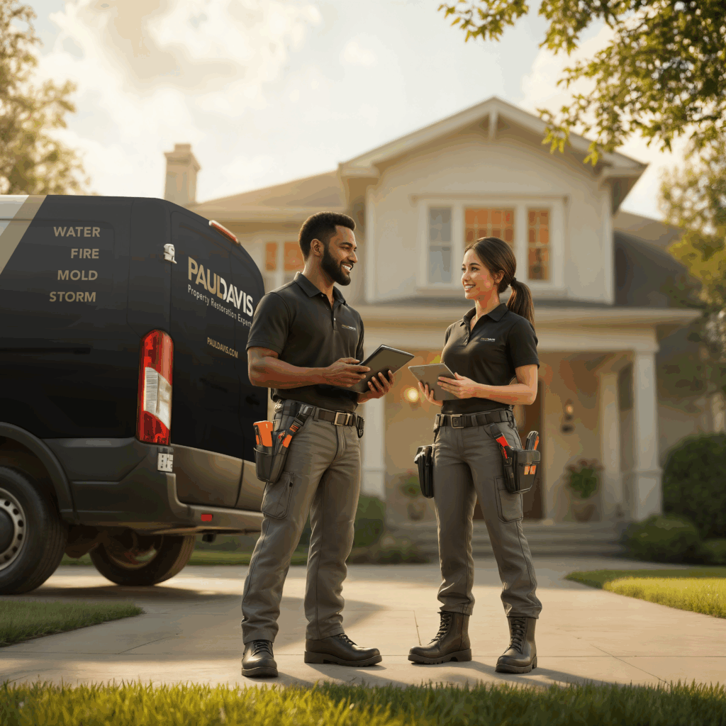 Paul Davis 24/7 emergency restoration team at a home with service van in Triad-West, Piedmont & Mountain Region, NC