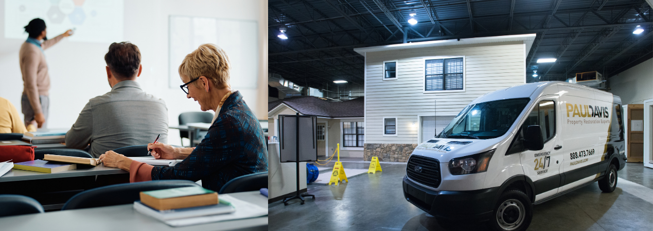 CE class training session with a flood house and Paul Davis van used for hands-on restoration training