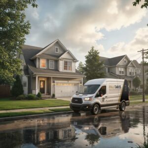 aul Davis Restoration van parked in front of a house on a wet residential street.